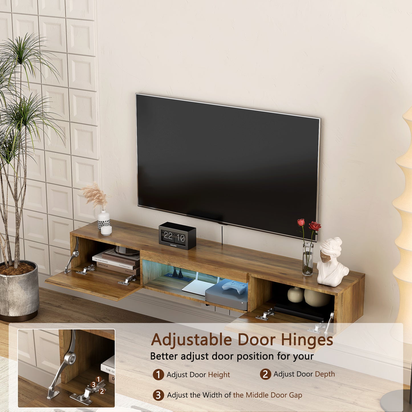 Floating Wall Mounted TV Shelf with LED lights & Power Outlet for up to 65" TV's