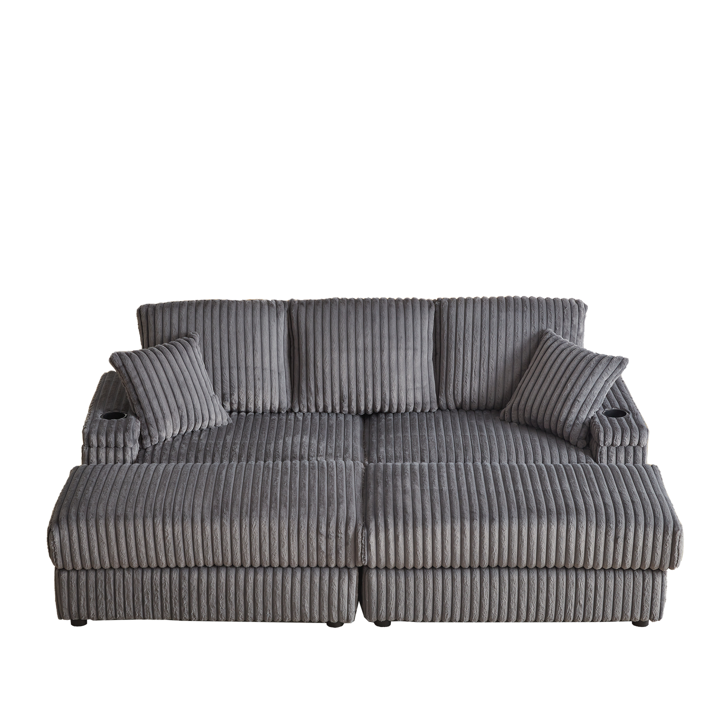 Corduroy 3-Seater Gray Sofa with Ottoman, Storage, & Cup Holders