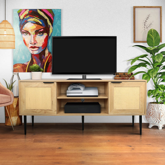 Wooden TV Stand for TVs up to 65 Inches,with 2  Rattan Decorated Doors  and 2 Open Shelves,Living Room TV Console Table Wooden Entertainment Unit, Natural Color