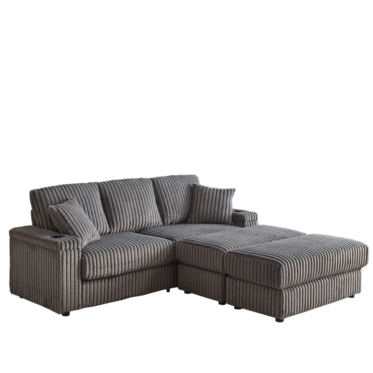 Corduroy 3-Seater Gray Sofa with Ottoman, Storage, & Cup Holders