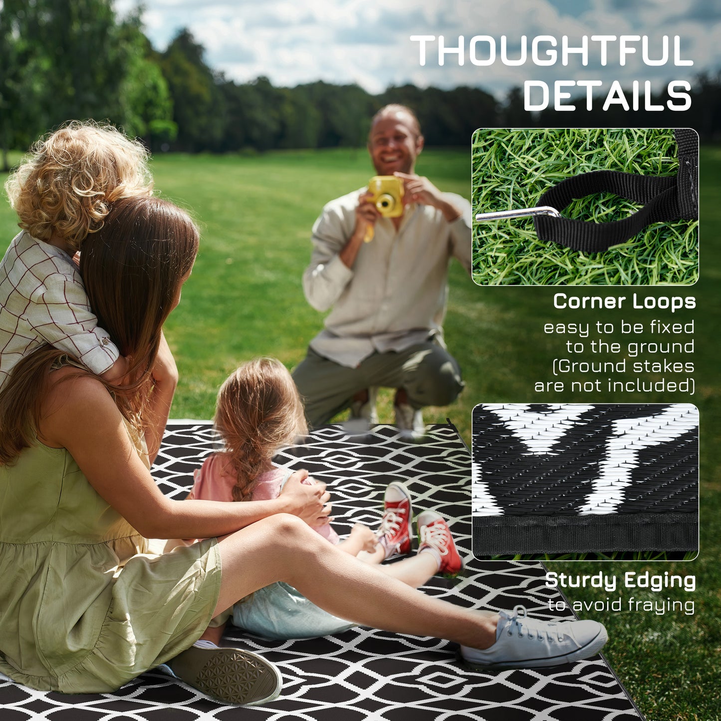 Outsunny Reversible Outdoor Rug, 9' x 12' Waterproof Plastic Straw Floor Mat, Portable RV Camping Carpet with Carry Bag, Large Floor Mat for Backyard, Deck, Picnic, Beach, Black & White Clover