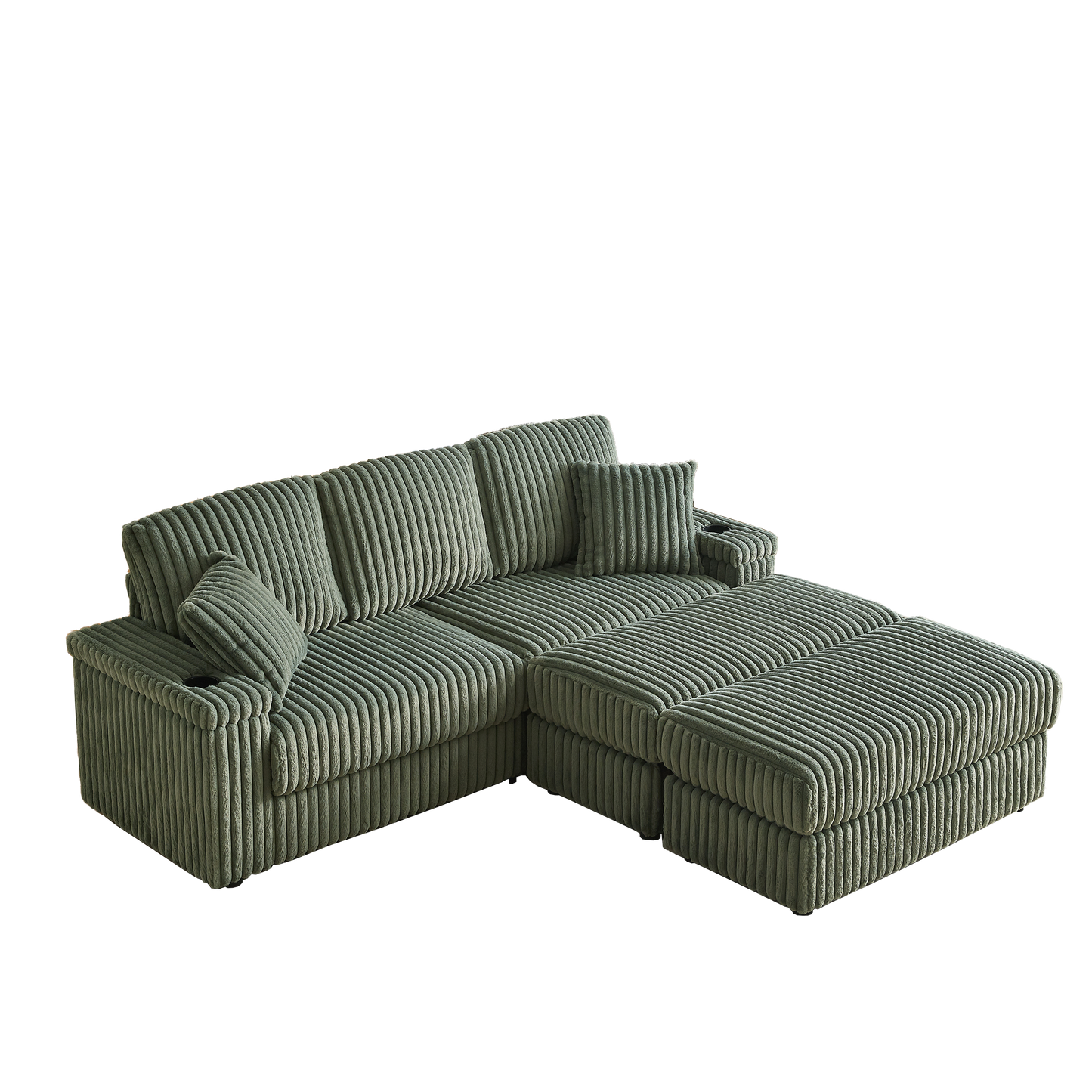 Corduroy 3-Seater Sofa With A Ottoman, 2 Storage  & Cup Holder