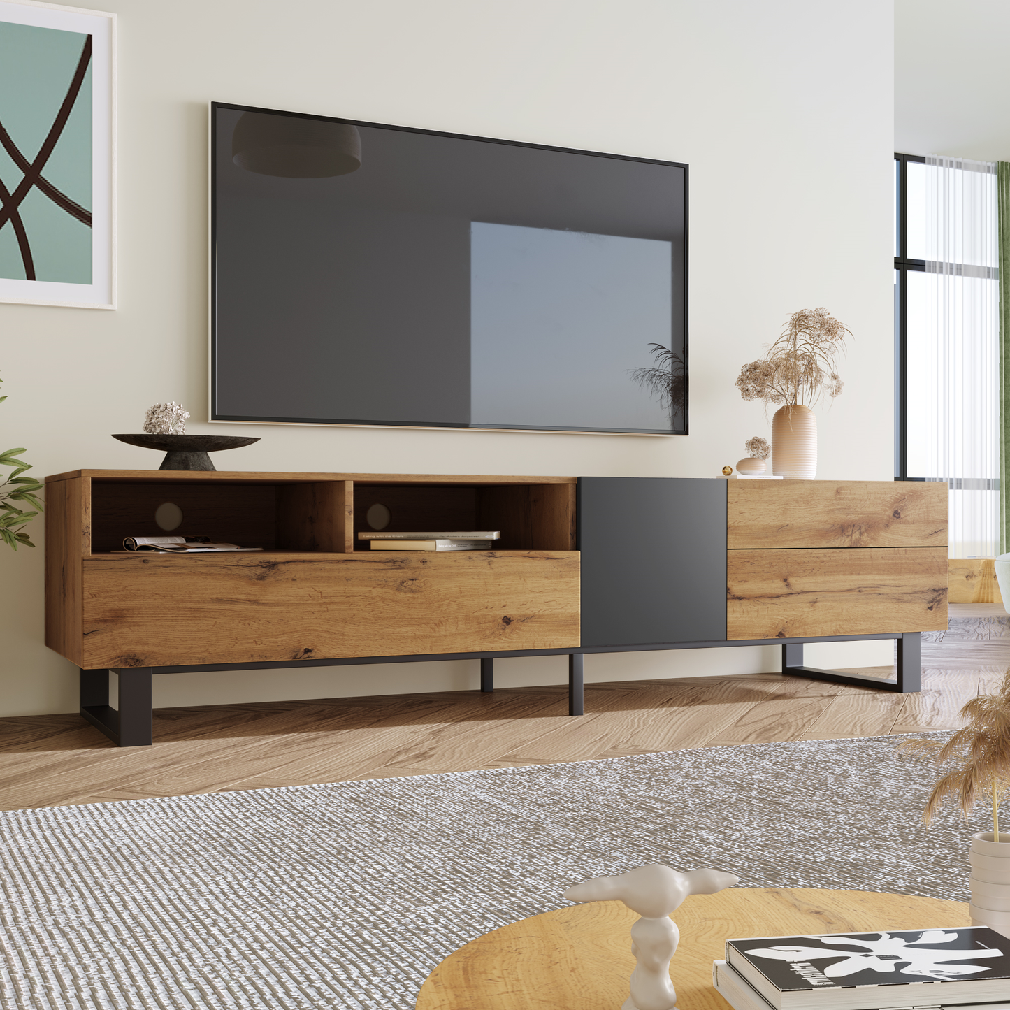 Modern TV Stand with Double Storage and Drop-Down Doors For up to 80'' TV's