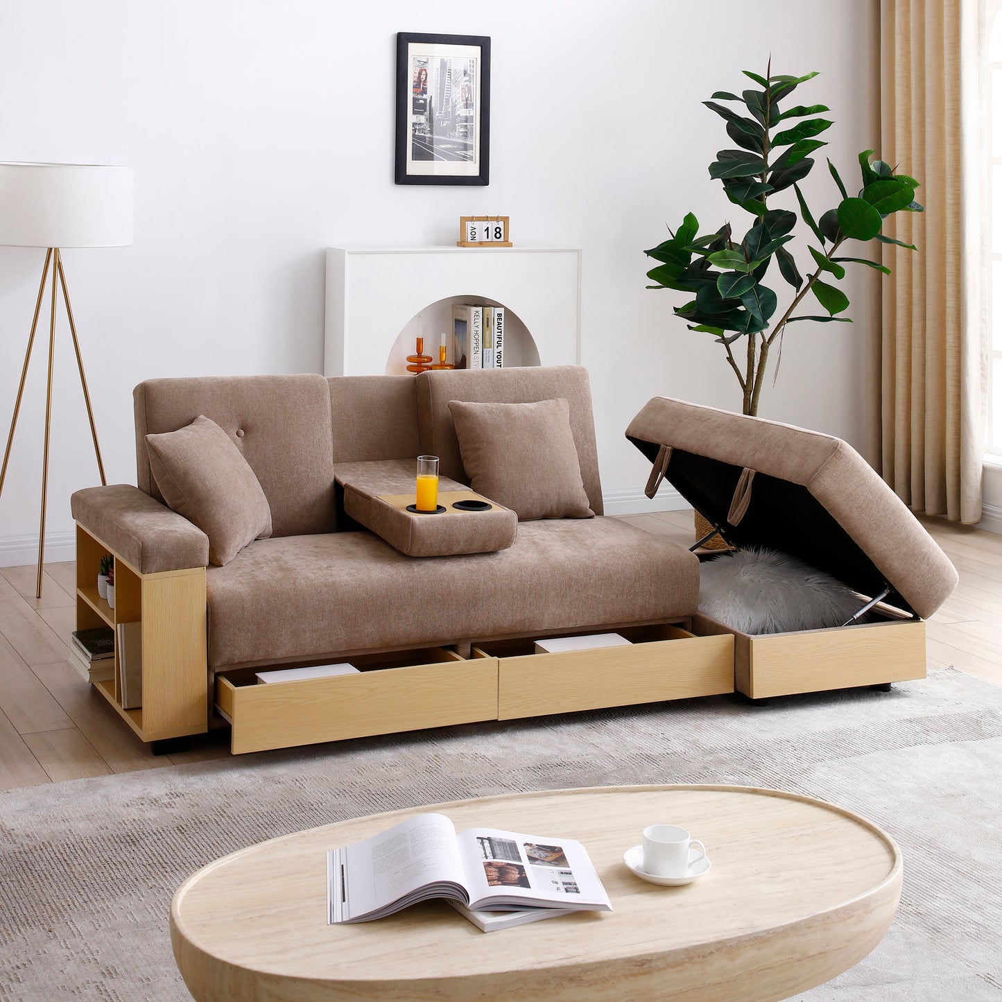 Convertible Folding Sofa Bed, Storage Ottoman & 2 Cupholders