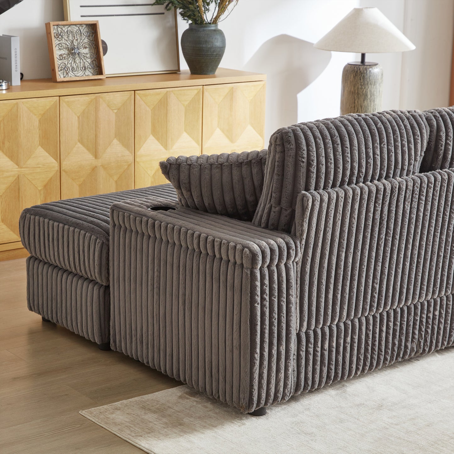 Corduroy 3-Seater Gray Sofa with Ottoman, Storage, & Cup Holders