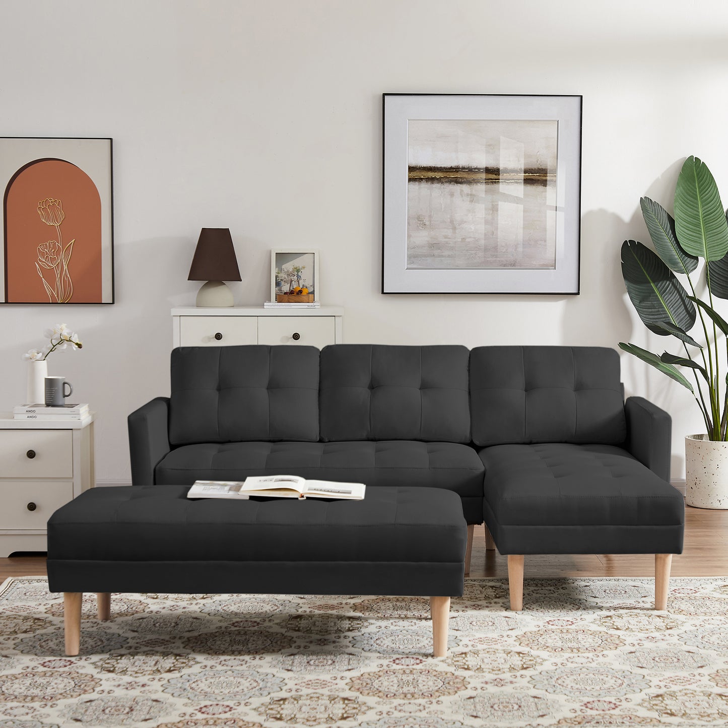 Right Facing L-shape Sofa Chaise Lounge with Ottoman Bench