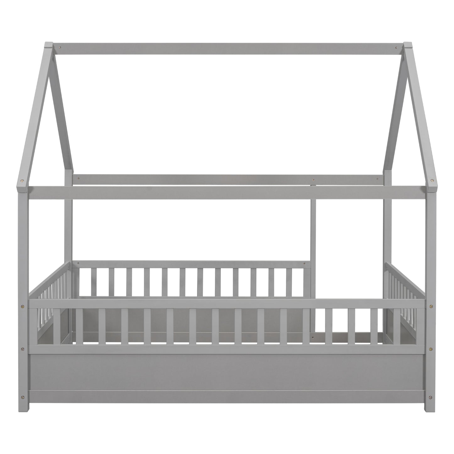 Full Size Floor Wooden Bed with House Roof Frame, Fence Guardrails,Grey