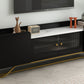 ON-TREND Sleek Design TV Stand with Fluted Glass, Contemporary Entertainment Center for TVs Up to 70", Faux Marble Top TV Console Table with Gold Frame Base, Black