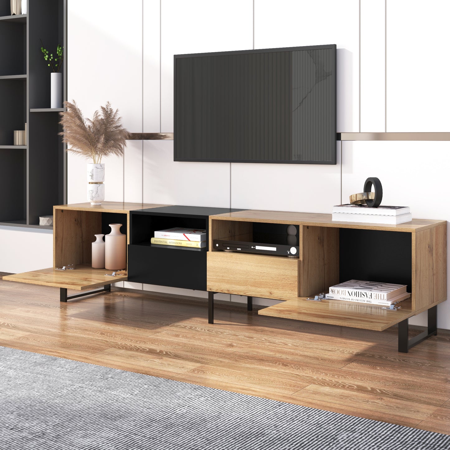 Modern TV Stand with 2 Cabinets & Open Storage Compartment, for TVs up to 85''