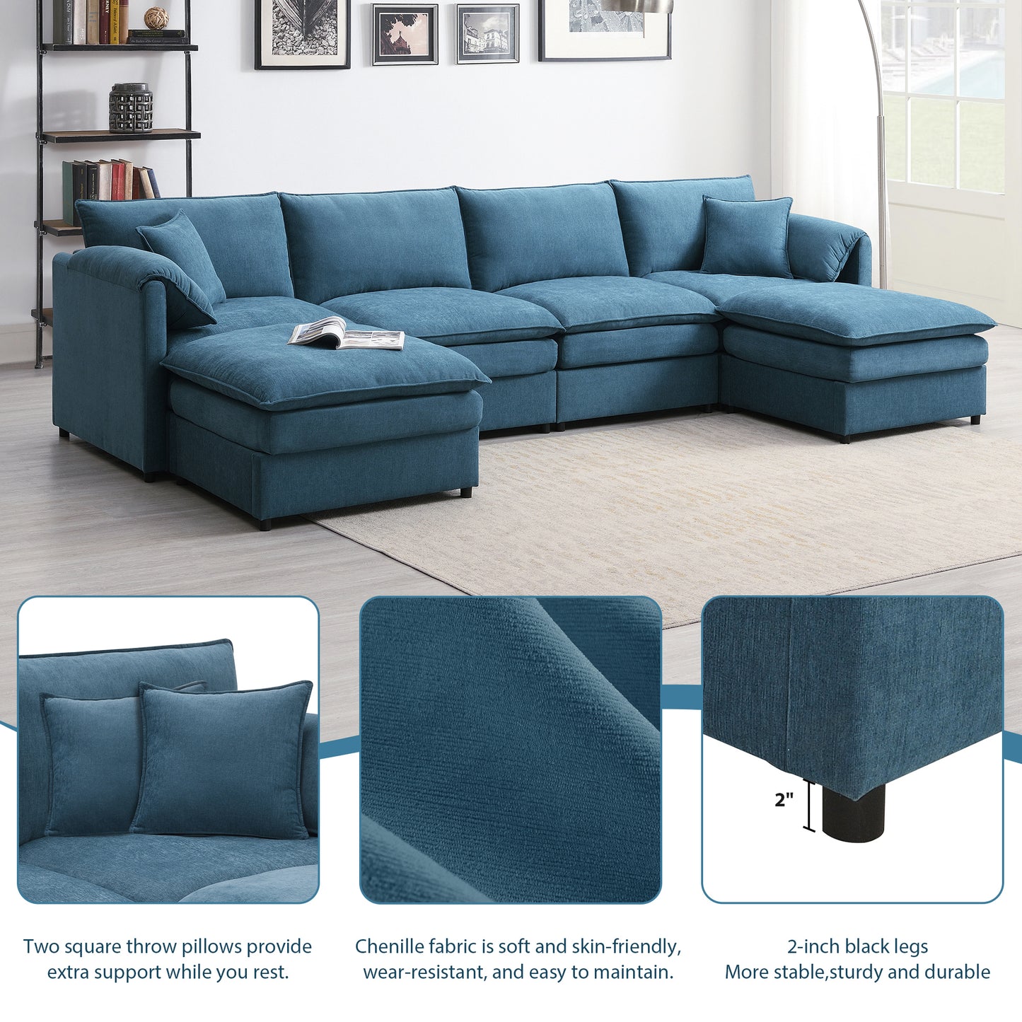 [VIDEO provided] [New] 134*66" Chenille Modular Sectional Sofa,U Shaped Cloud Couch Set with Double Cushions ,6 Seat Sleeper Sofa Bed with Ottomans,Oversized Indoor Furniture for Living Room, 3 Colors