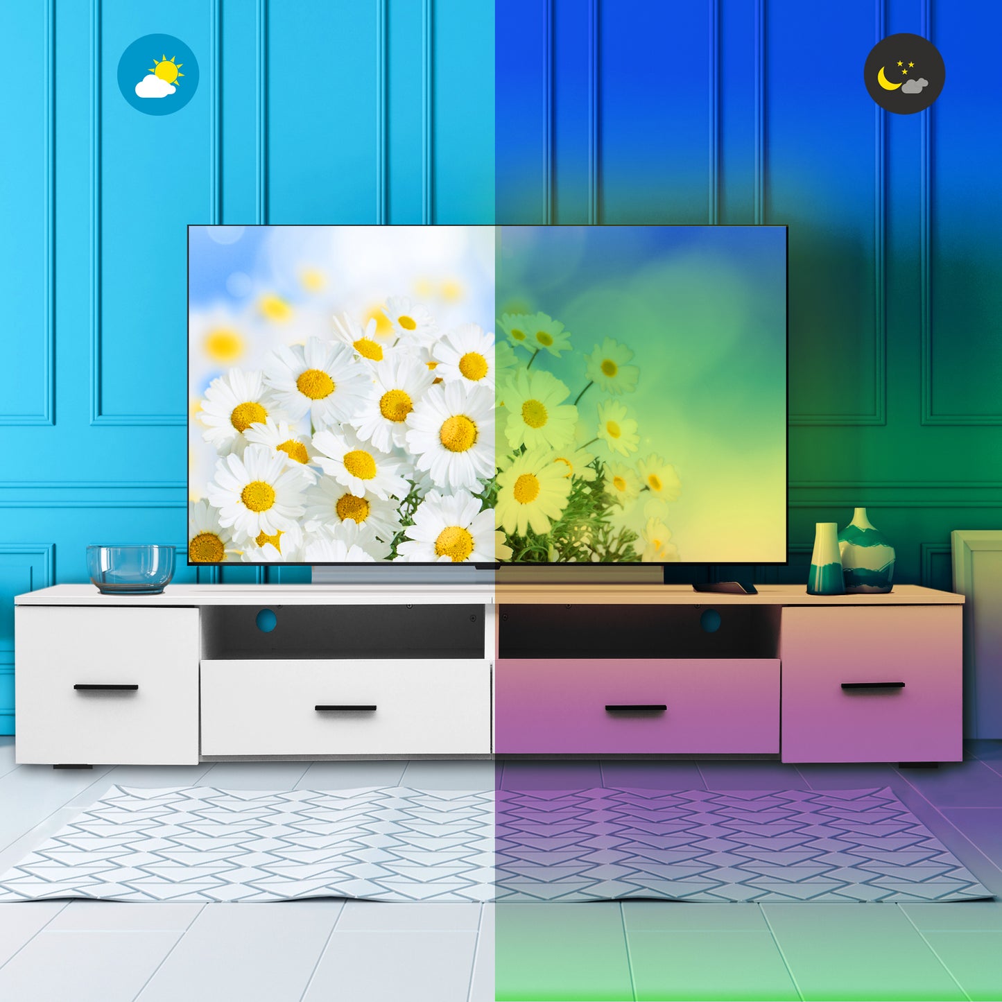 White TV Stand for Living Room,  Modern Entertainment Center Stand for TV Up to 90 Inch, Large Led TV Stand with 4 Storage Drawers, High Glossy Waterproof  TV Console, TV Table Media Furniture