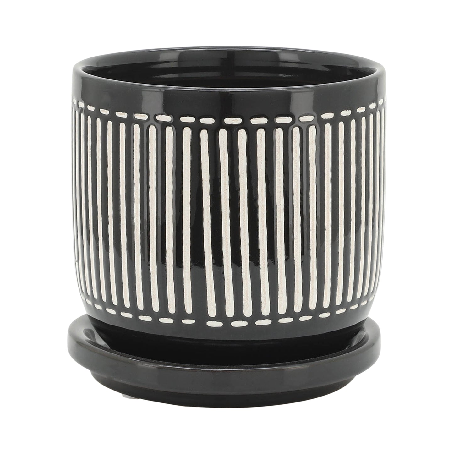 6" VERTICAL LINES PLANTER W/ SAUCER, BLACK