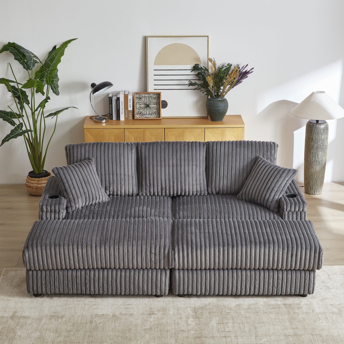 Corduroy 3-Seater Gray Sofa with Ottoman, Storage, & Cup Holders