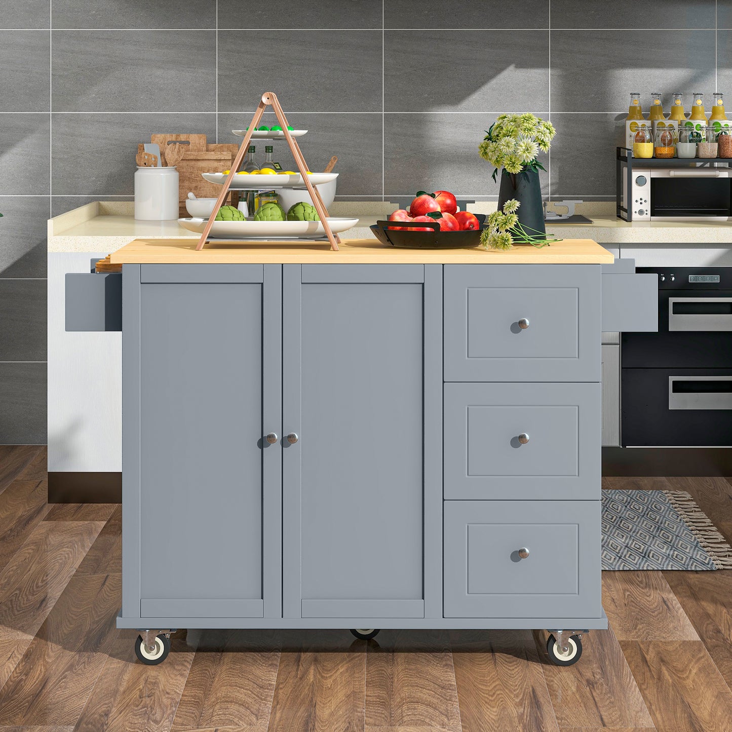 Rolling Mobile Kitchen Island with Solid Wood Top and Locking Wheels,52.7 Inch Width,Storage Cabinet and Drop Leaf Breakfast Bar,Spice Rack, Towel Rack & Drawer (Grey Blue)