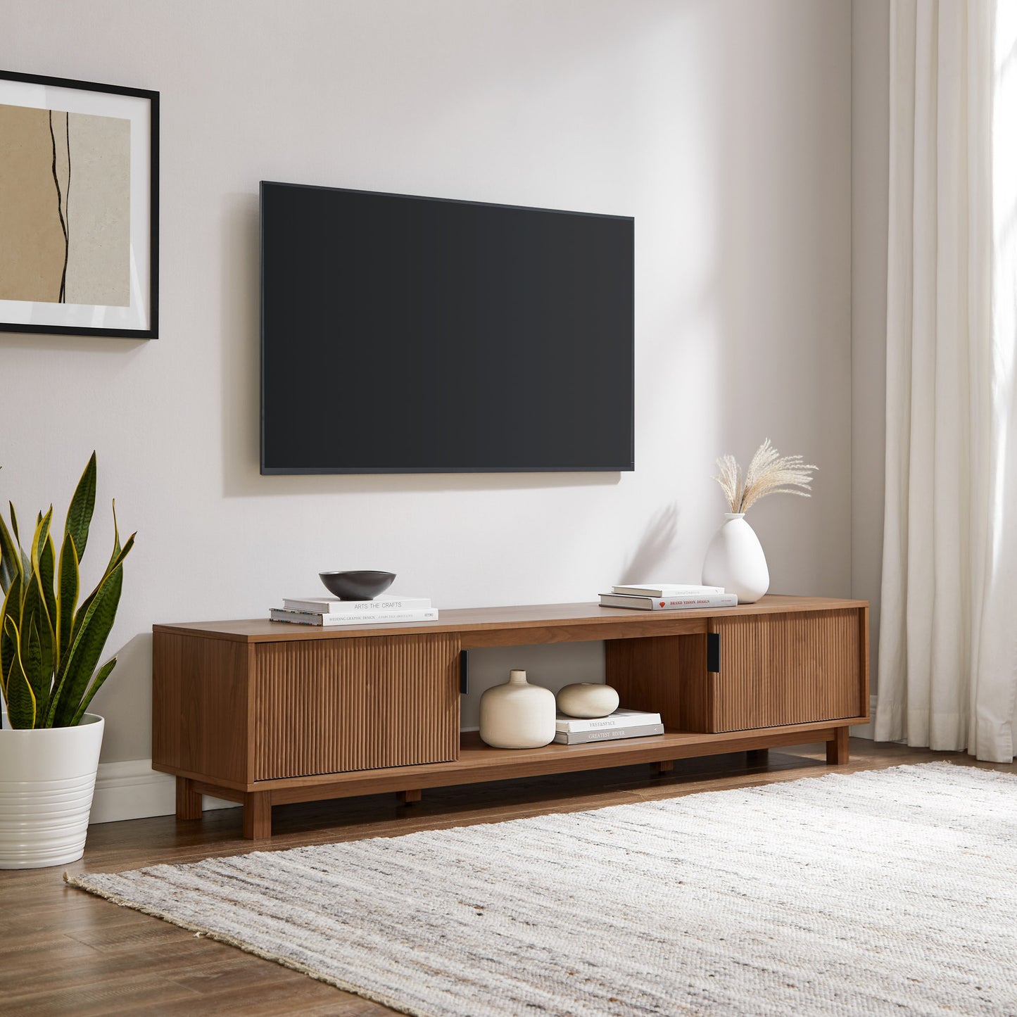 Minimalist Mocha TV Stand with Fluted Doors, For up to 80" TV's