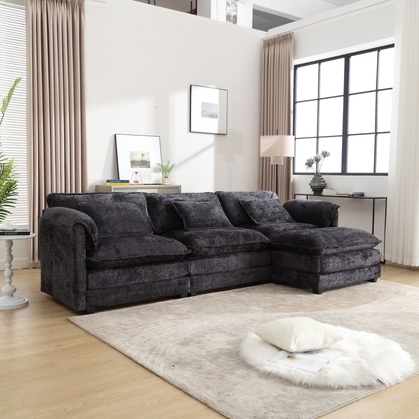 Oversized Boucle Fabric L-Shape Sectional - Movable Pedals with Detachable Armrests