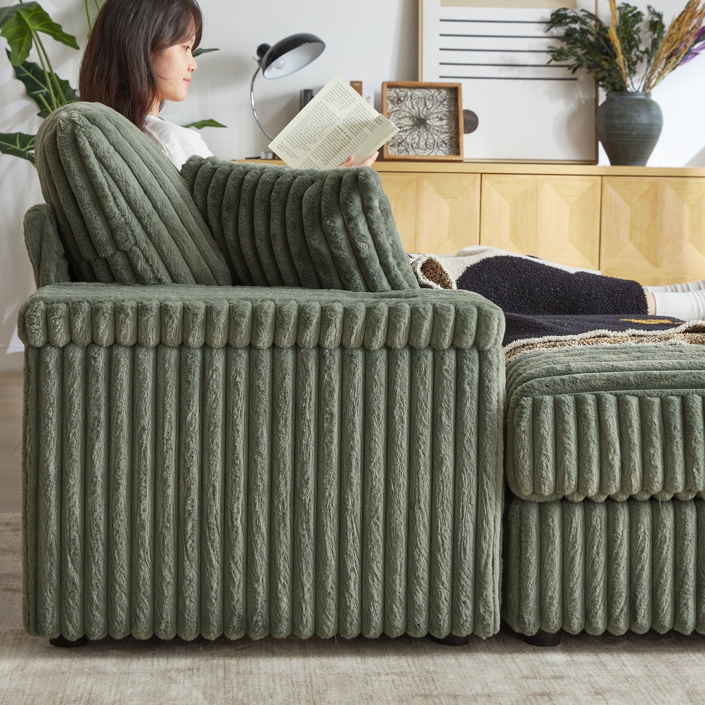 Corduroy 3-Seater Sofa With A Ottoman, 2 Storage  & Cup Holder