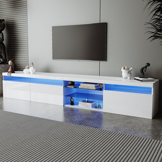 ON-TREND Unique Design TV Stand with 2 Glass Shelves, Ample Storage Space Media Console for TVs Up to 105", Versatile TV Cabinet with LED Color Changing Lights for Living Room, White