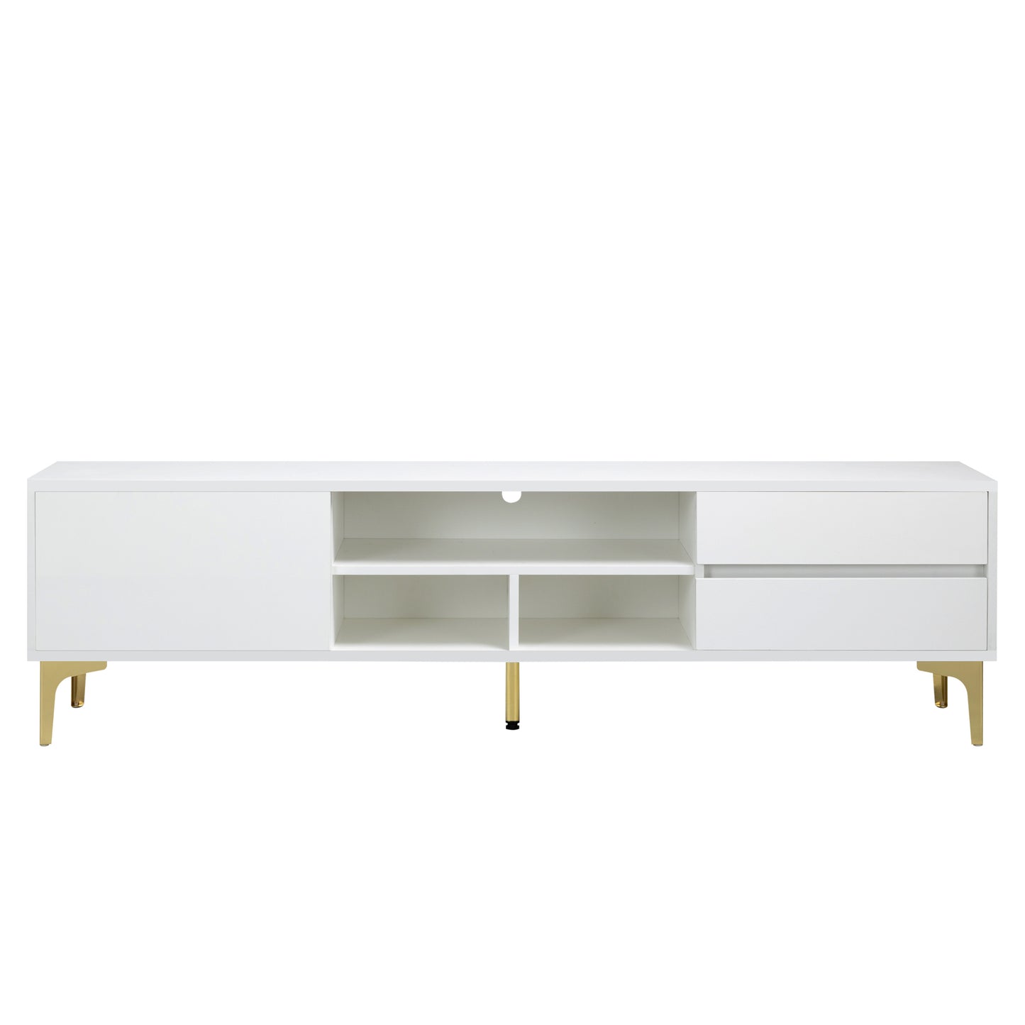 TV stand,TV Cabinet,entertainment center,TV console,media console,with LED remote control lights,UV bloom drawer panel,gold metal table legs, can be placed in the living room, bedroom, color: white