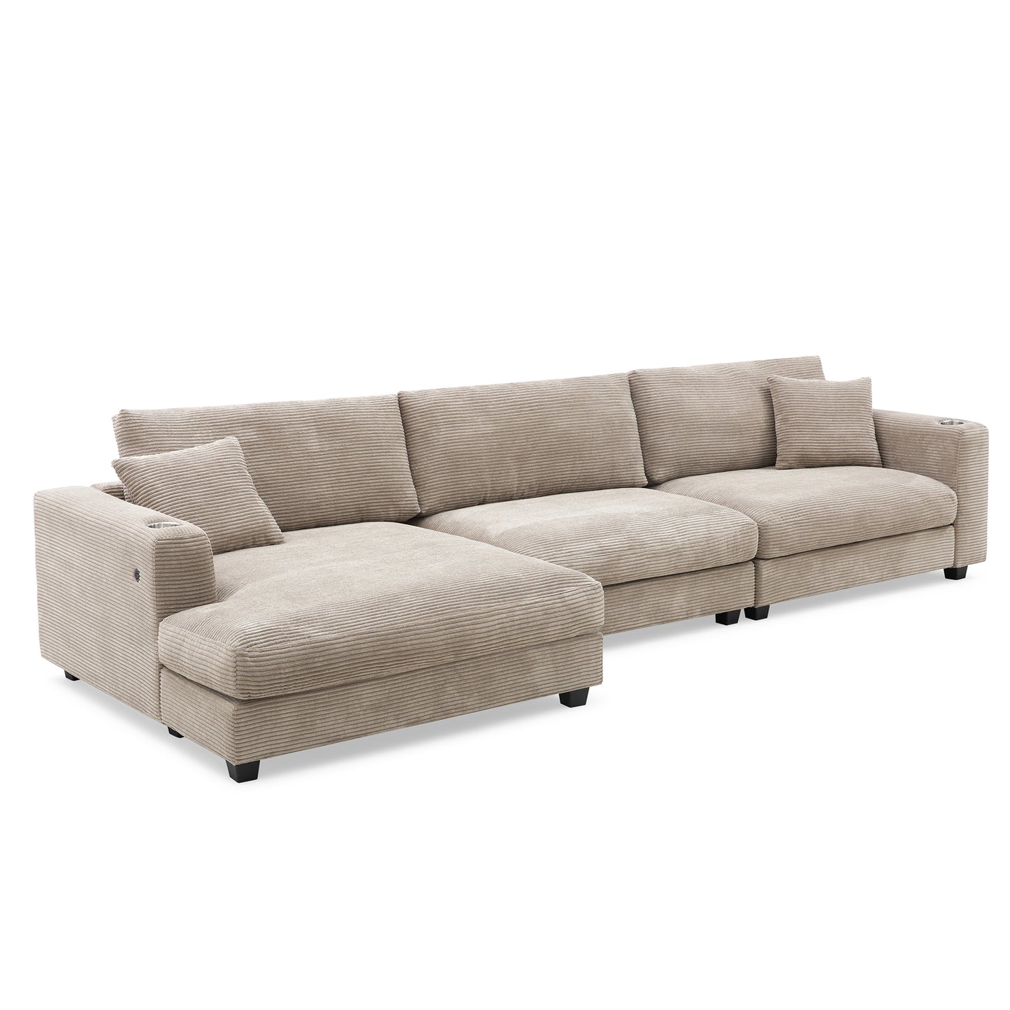 Oversized Corduroy L-Shaped Sectional Sofa with USB Ports & Cup Holders