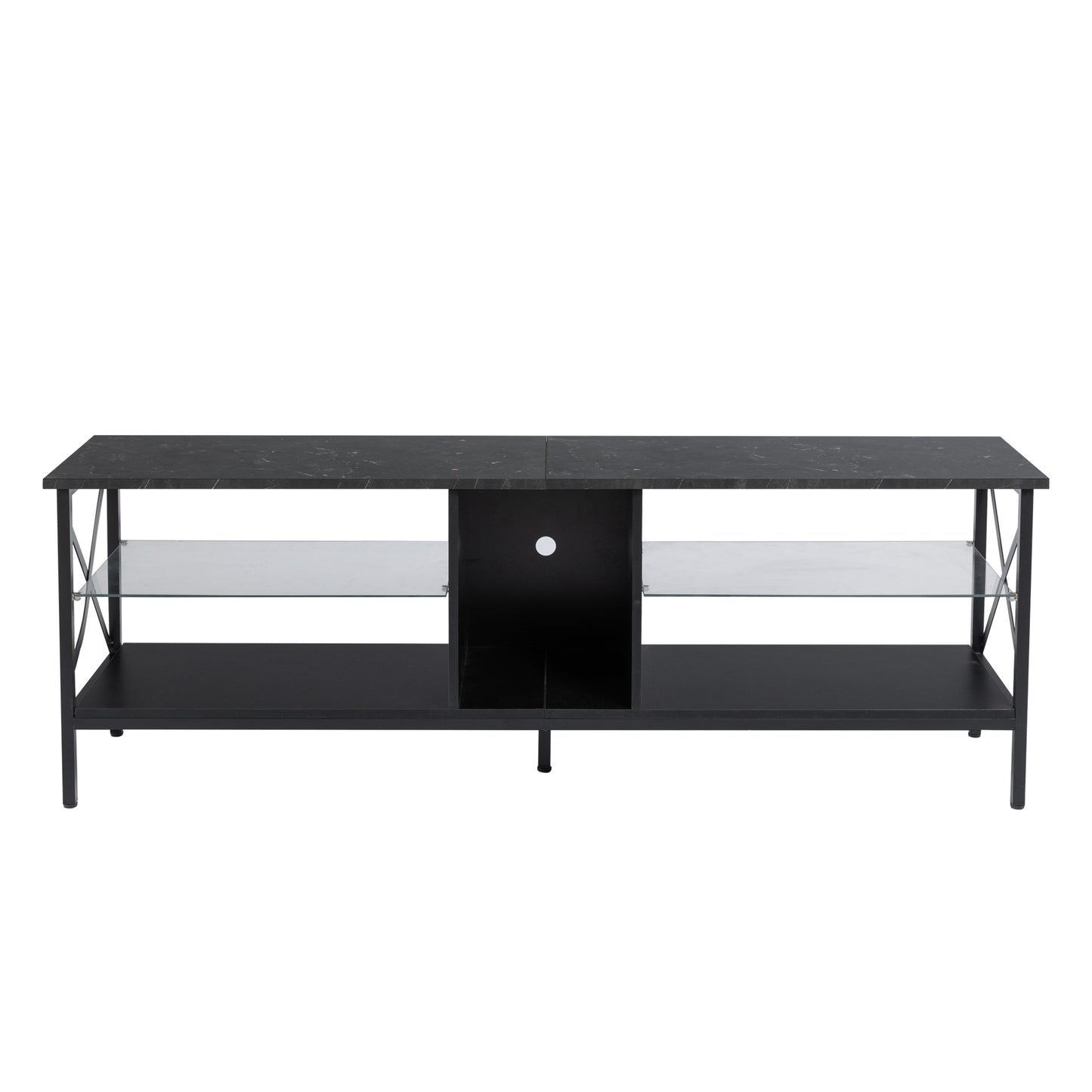 TV stand,Iron TV cabinet,entertainment center, TV set, media console, with LED lights, remote control,toughened glass stand,can be placed in the living room, bedroom, color:black with marble texture