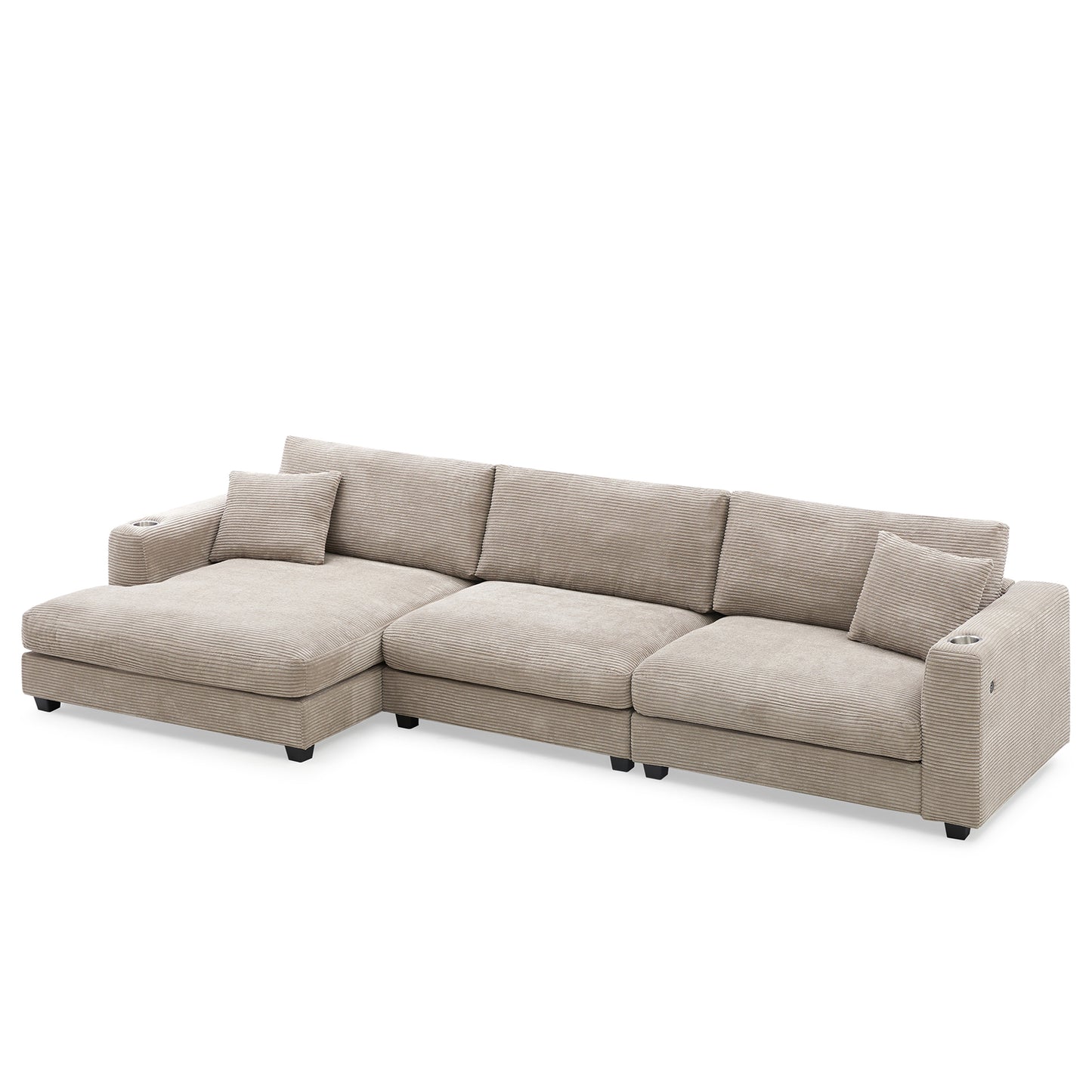 Oversized Corduroy L-Shaped Sectional Sofa with USB Ports & Cup Holders