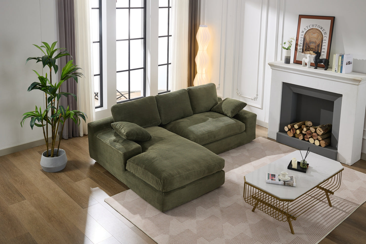 Corduroy Modular L-Shaped Sectional, Army Green