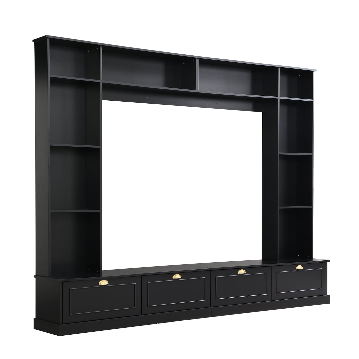 ON-TREND Large Wall Unit Entertainment Center with Bookshelves for TVs Up to 78'', Modern TV Console with Cabinets and Open Shelves, 4-in-1 TV Stand with Golden Handles, Black, 104.2''W*81.2''H