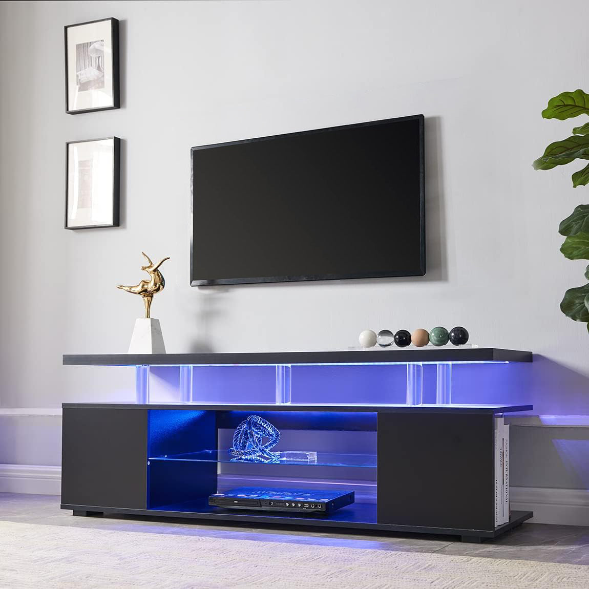 TV Stand for 70 Inch TV LED Gaming Entertainment Center Media Storage Console Table with Large Side Cabinet for Living Room Black