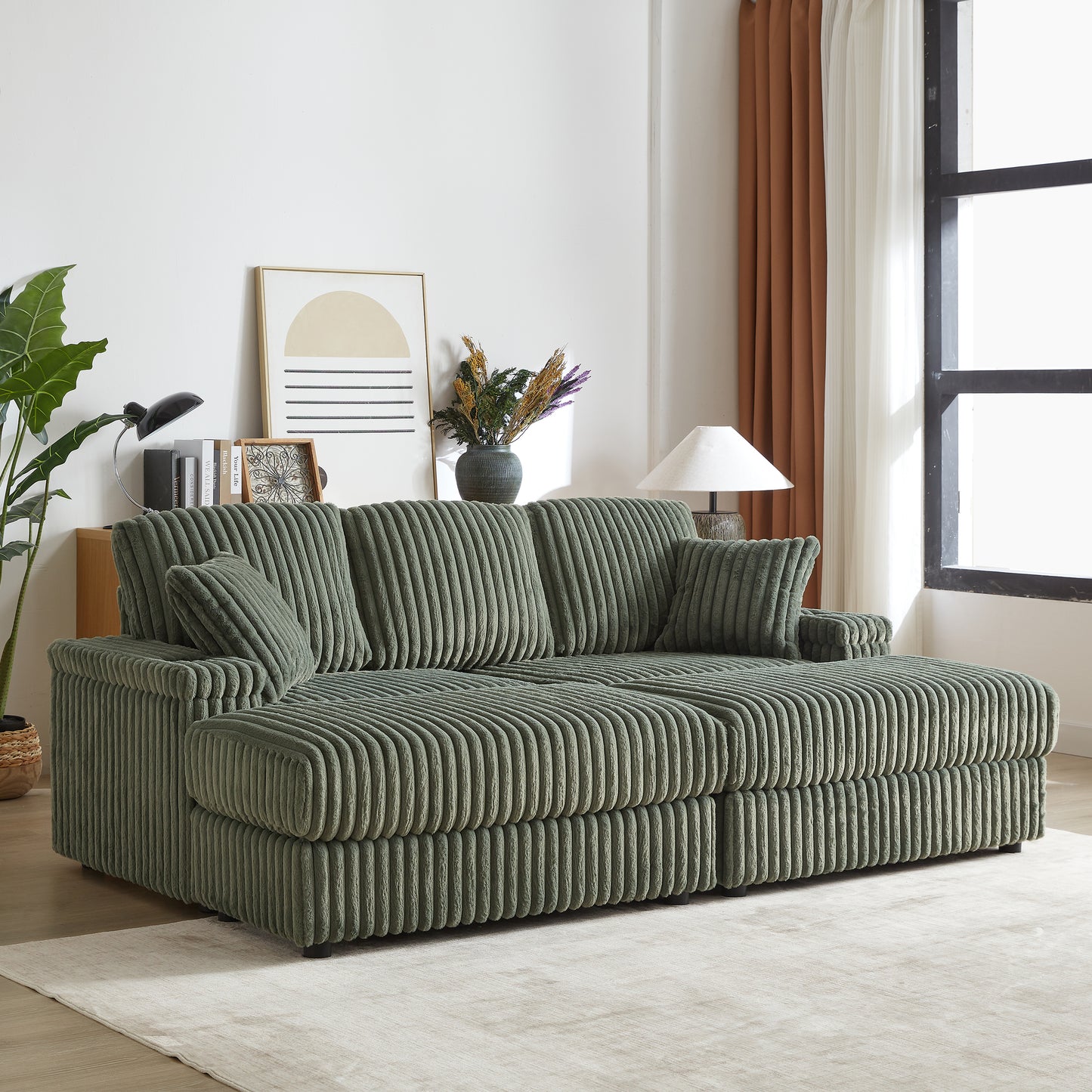 Corduroy 3-Seater Sofa With A Ottoman, 2 Storage  & Cup Holder