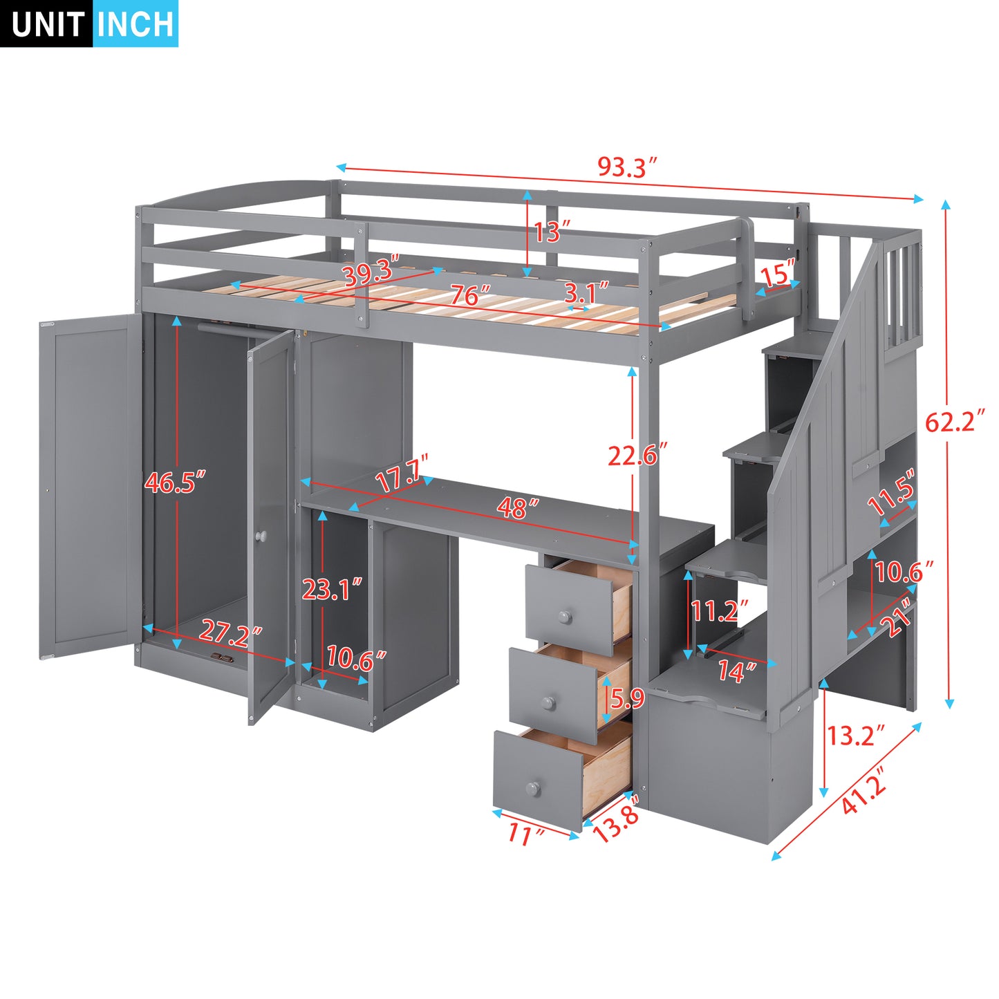 Twin Size Loft Bed with Wardrobe and Staircase, Desk and Storage Drawers and Cabinet in 1,Gray