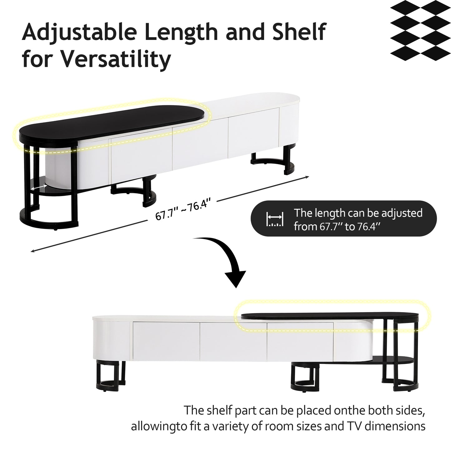 U-Can 67.7''-76.4'' Modern Extendable TV Stand for TVs up to 75 Inches, Entertainment Center Media Console with 3 Drawers, Metal Adjustable Legs for Living room