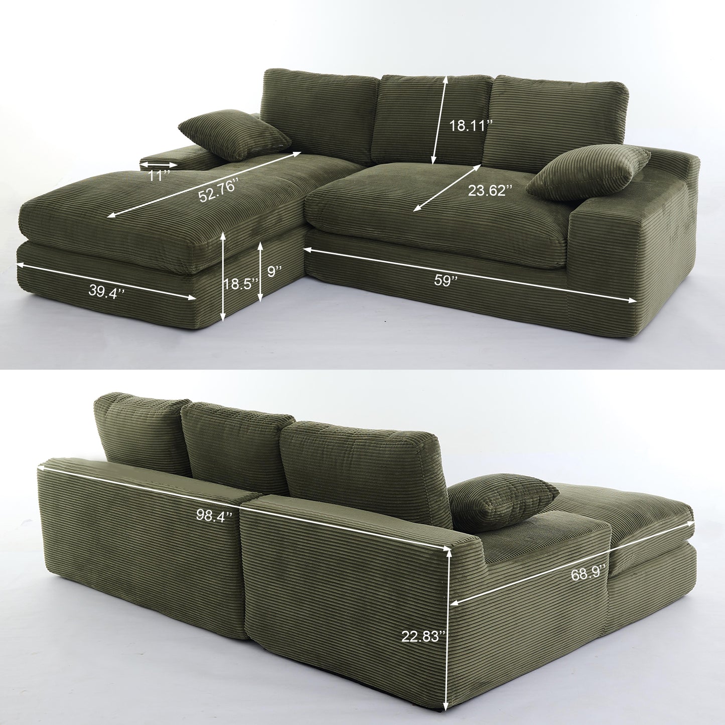 Corduroy Modular L-Shaped Sectional, Army Green