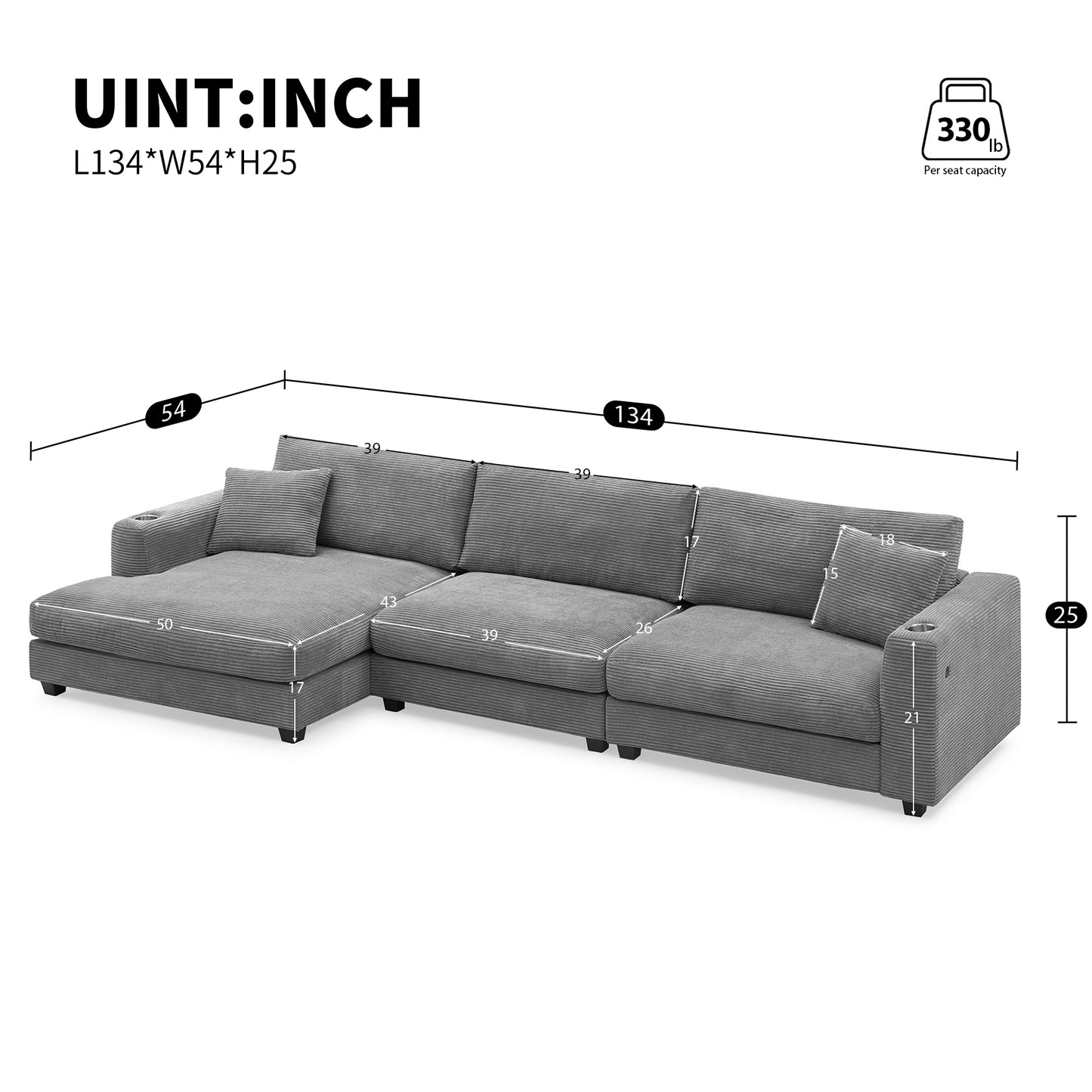 Oversized Corduroy L-Shaped Sectional Sofa with USB Ports & Cup Holders