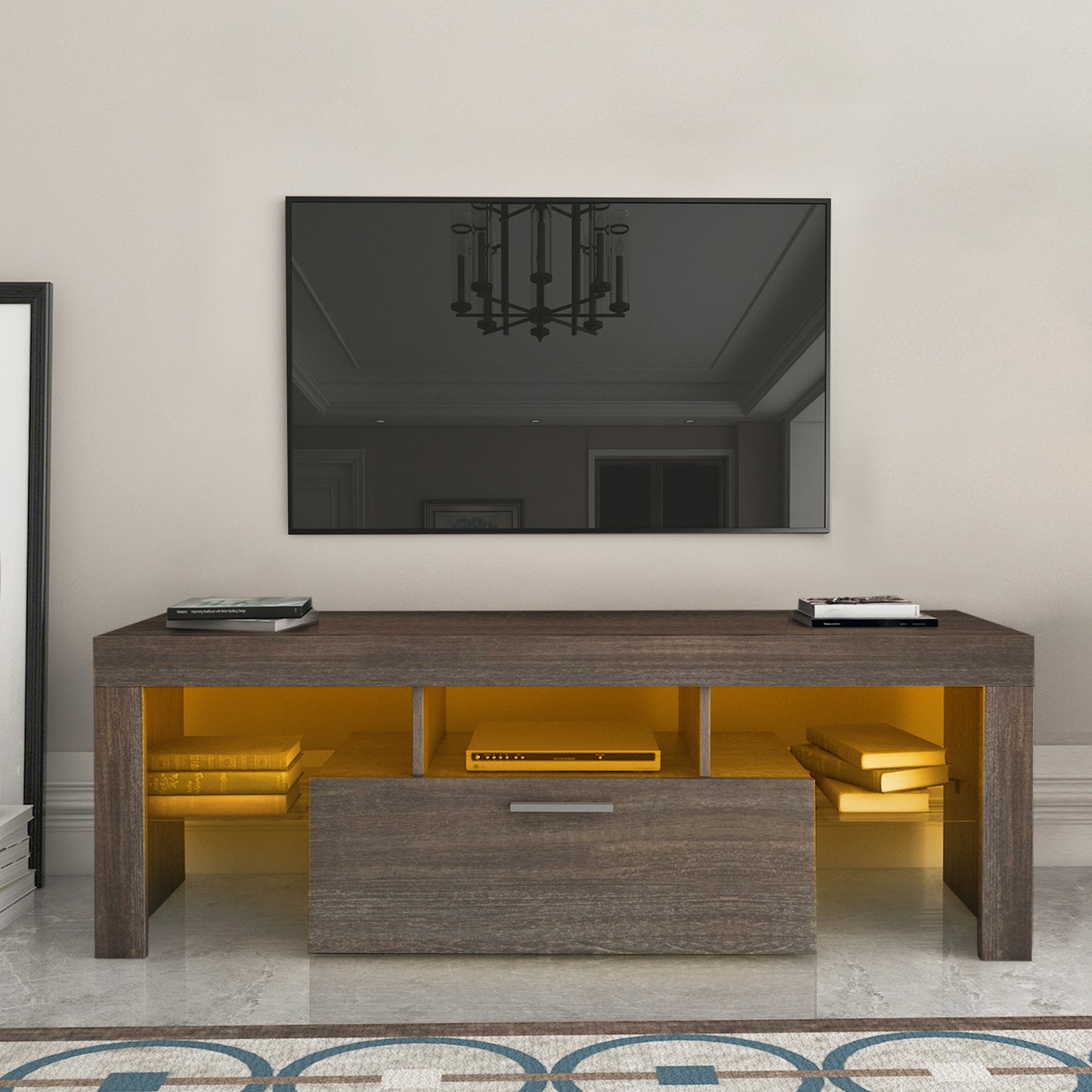 Modern Brown TV Stand with LED Lights, Tempered Glass Shelf & Stylish Design For up to 55" TV's