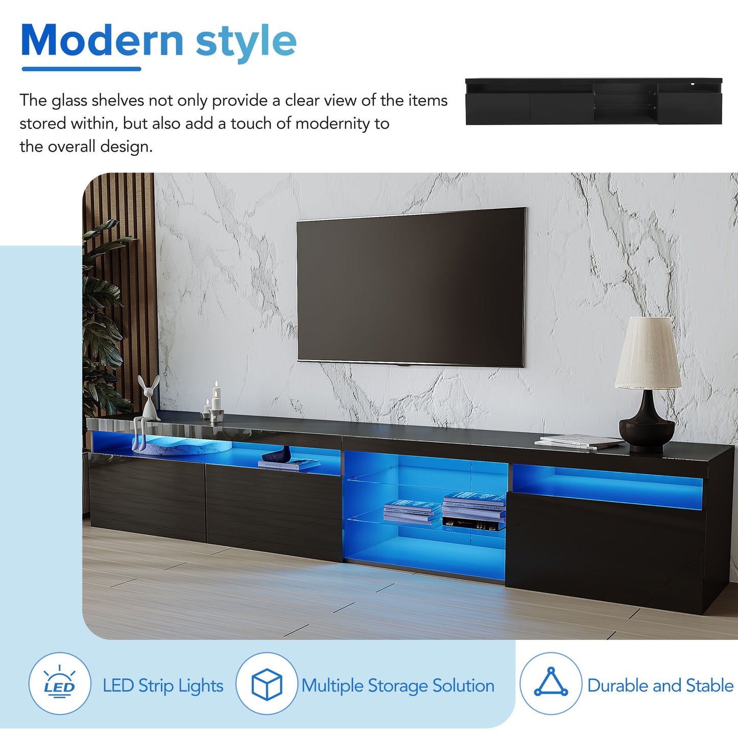 ON-TREND Unique Design TV Stand with 2 Glass Shelves, Ample Storage Space Media Console for TVs Up to 105", Versatile TV Cabinet with LED Color Changing Lights for Living Room, Black