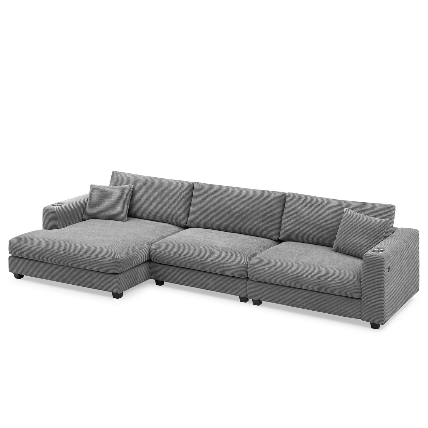 Oversized Corduroy L-Shaped Sectional Sofa with USB Ports & Cup Holders