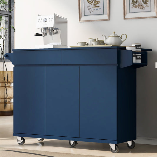 K&K 53.2''  Kitchen Island with Drop Leaf, Kitchen Storage Cart with Spice Rack, Towel Rack and 2 Drawers, Rolling Kitchen Island on Wheels with Adjustable Shelves for Kitchen, Dining Room, Navy Blue