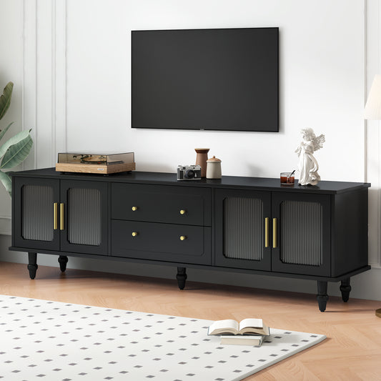 ON-TREND Retro Design TV Stand with Fluted Glass Doors for TVs Up to 78'', Practical Media Console with 2 Drawers and Cabinets, Elegant Entertainment Center for Living Room, Black