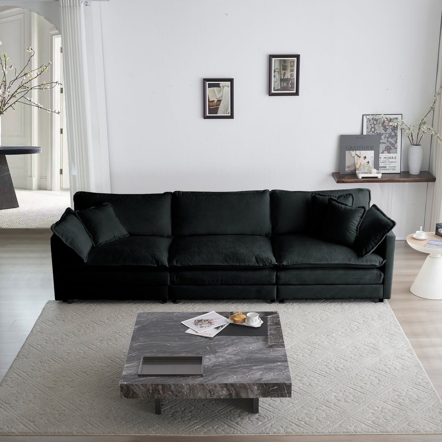 Mid-Century Modern Couch 3-Seater Sofa with 2 Armrest Pillows and 3 Toss Pillows, Couch for Living Room Black Chenille