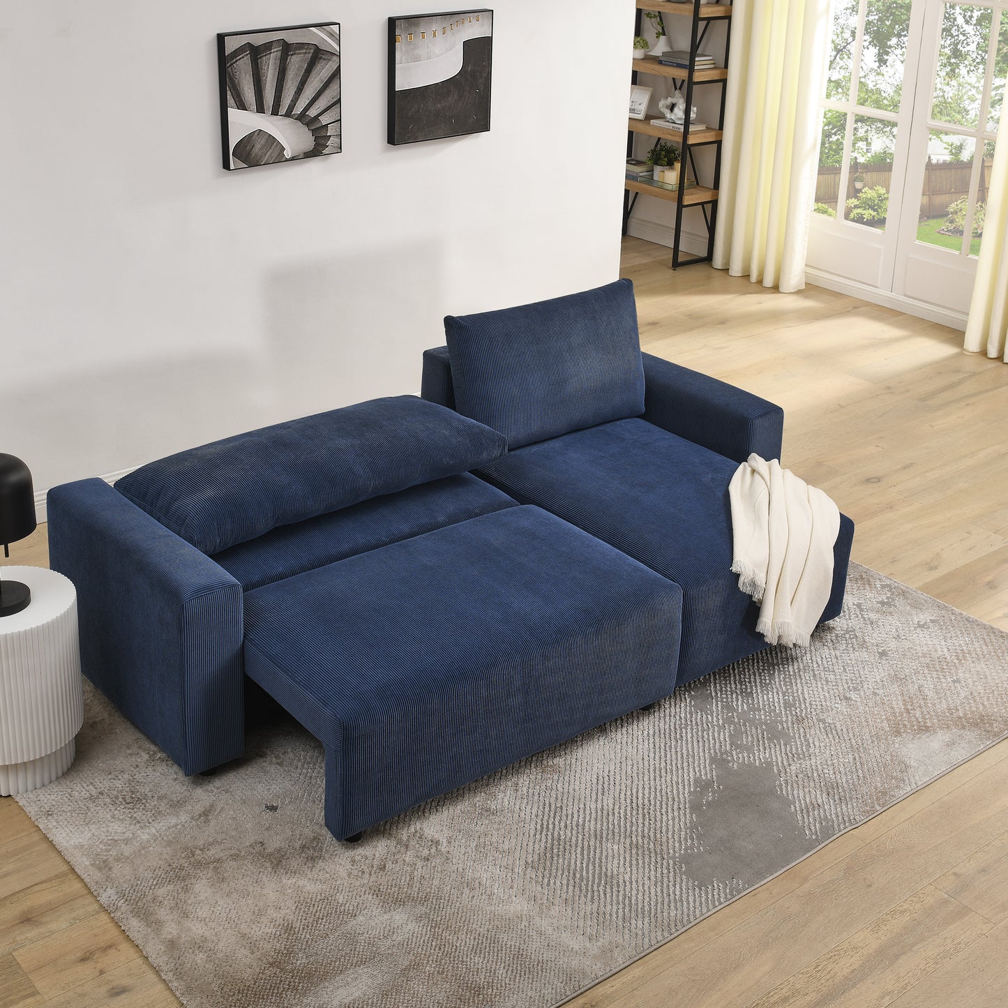 Modular L Shaped Corduroy Upholstered 3 Seater Sofa Bed with Storage, Blue