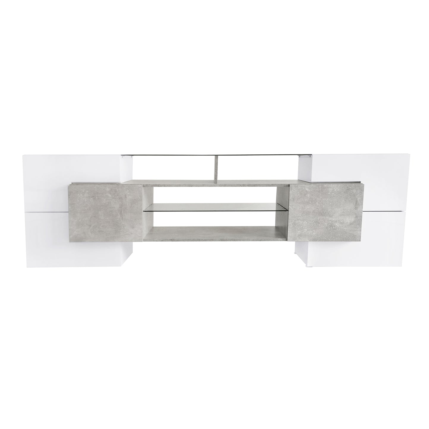 ON-TREND Unique Shape TV Stand with 2 Illuminated Glass Shelves, High Gloss Entertainment Center for TVs Up to 88", Versatile TV Cabinet with LED Color Changing Lights for Living Room, Grey