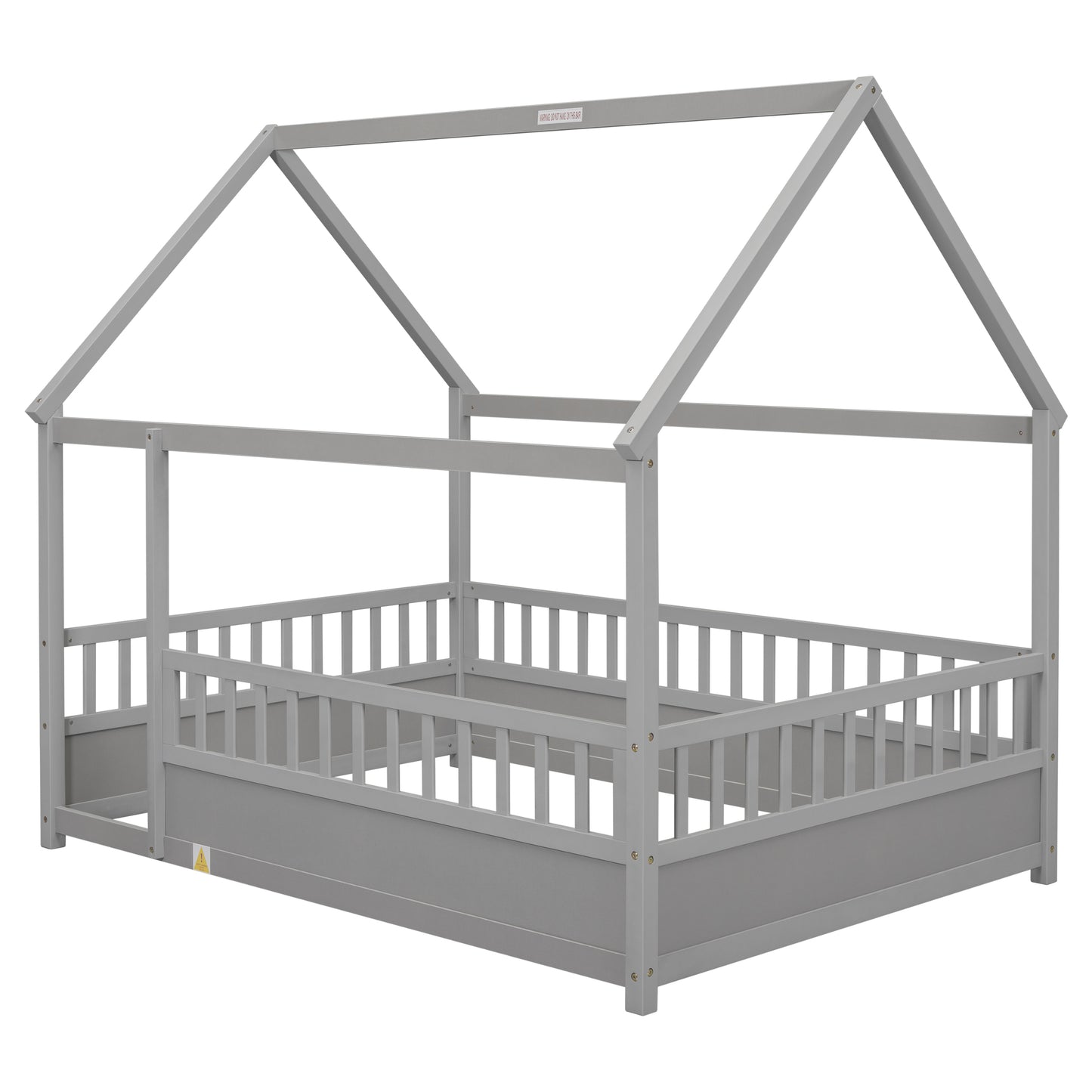 Full Size Floor Wooden Bed with House Roof Frame, Fence Guardrails,Grey