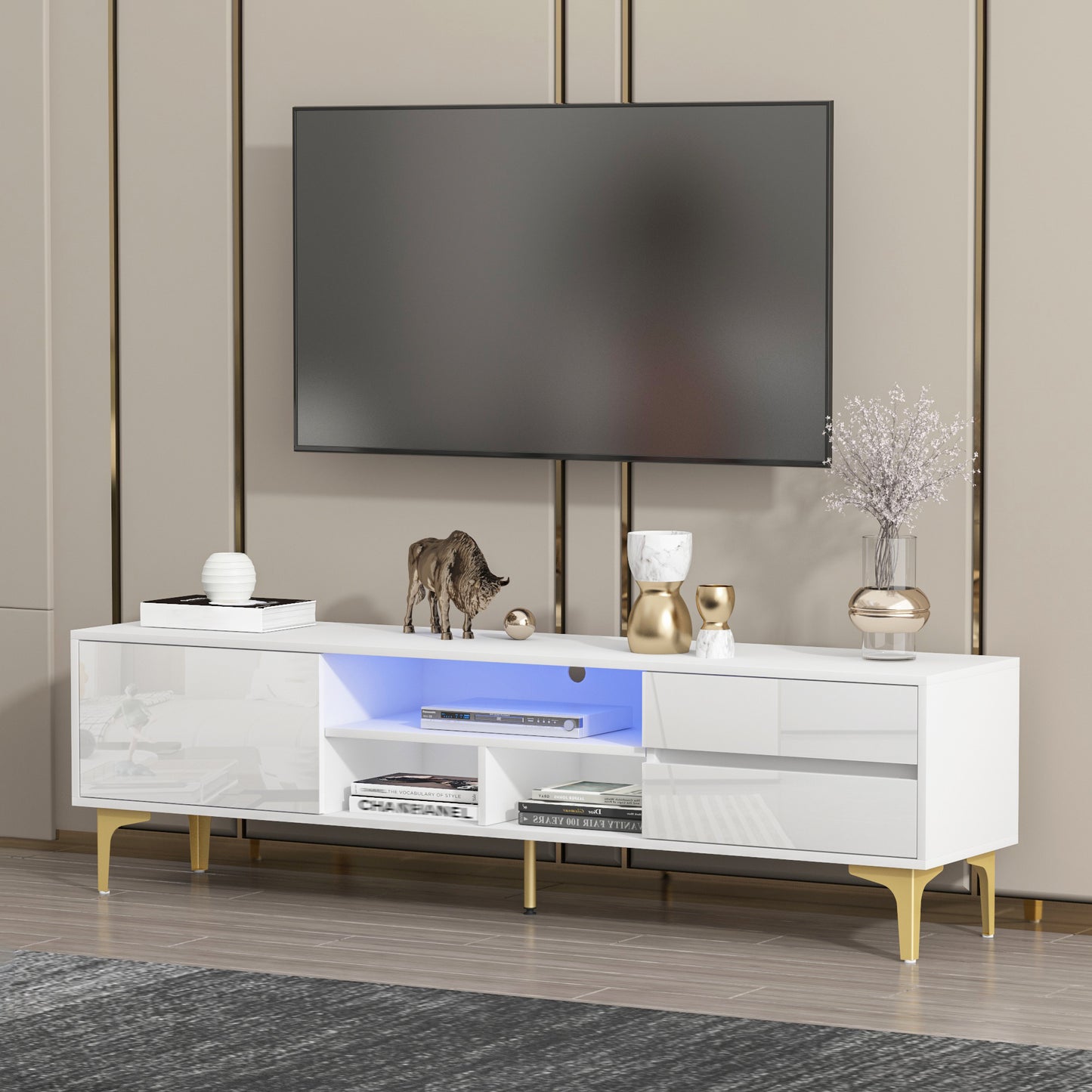 TV stand,TV Cabinet,entertainment center,TV console,media console,with LED remote control lights,UV bloom drawer panel,gold metal table legs, can be placed in the living room, bedroom, color: white