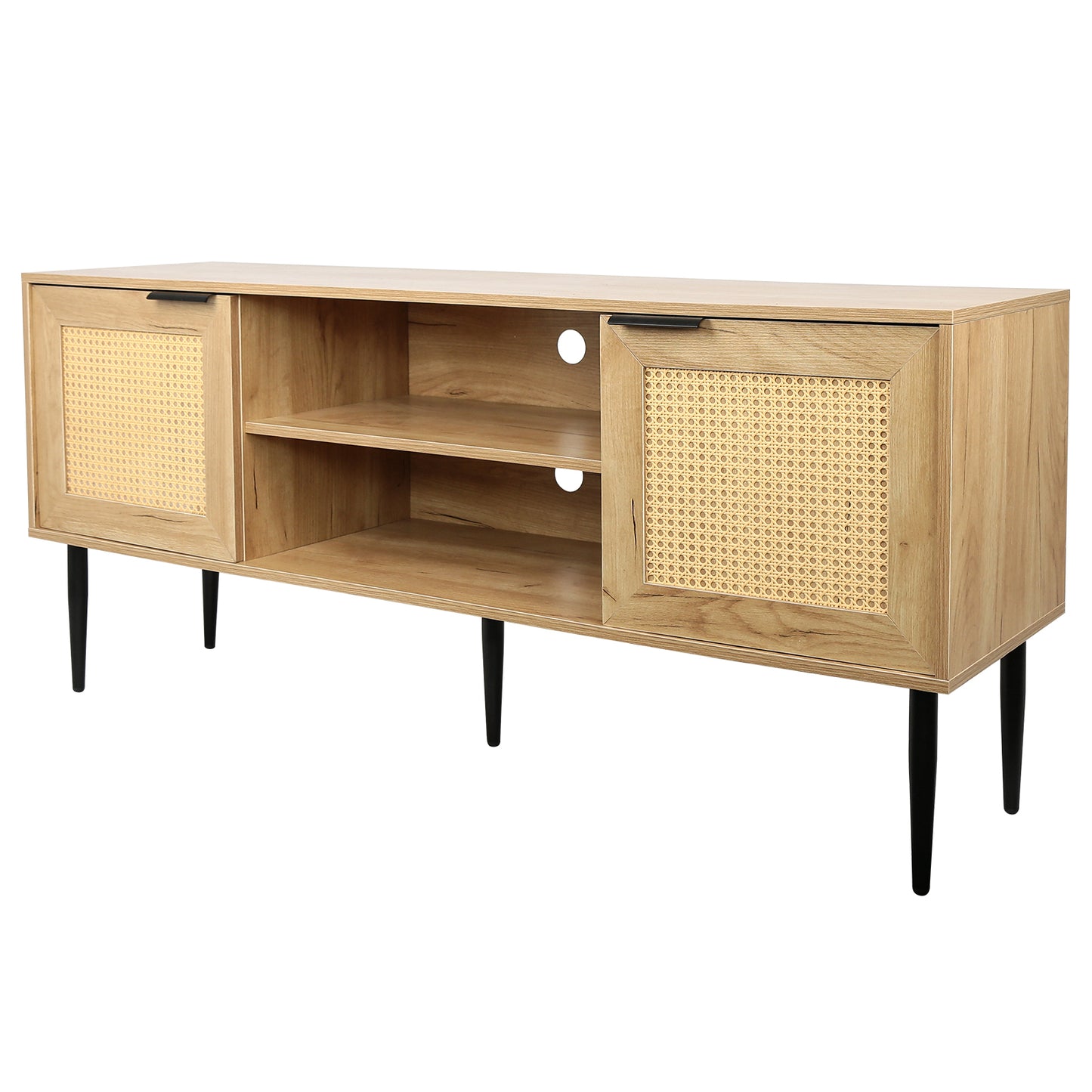 Wooden TV Stand for TVs up to 65 Inches,with 2  Rattan Decorated Doors  and 2 Open Shelves,Living Room TV Console Table Wooden Entertainment Unit, Natural Color