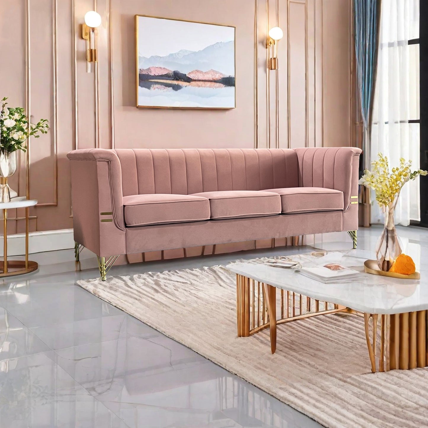 Velvet, 3-Seater Sofa Couch with Golden Metal Legs