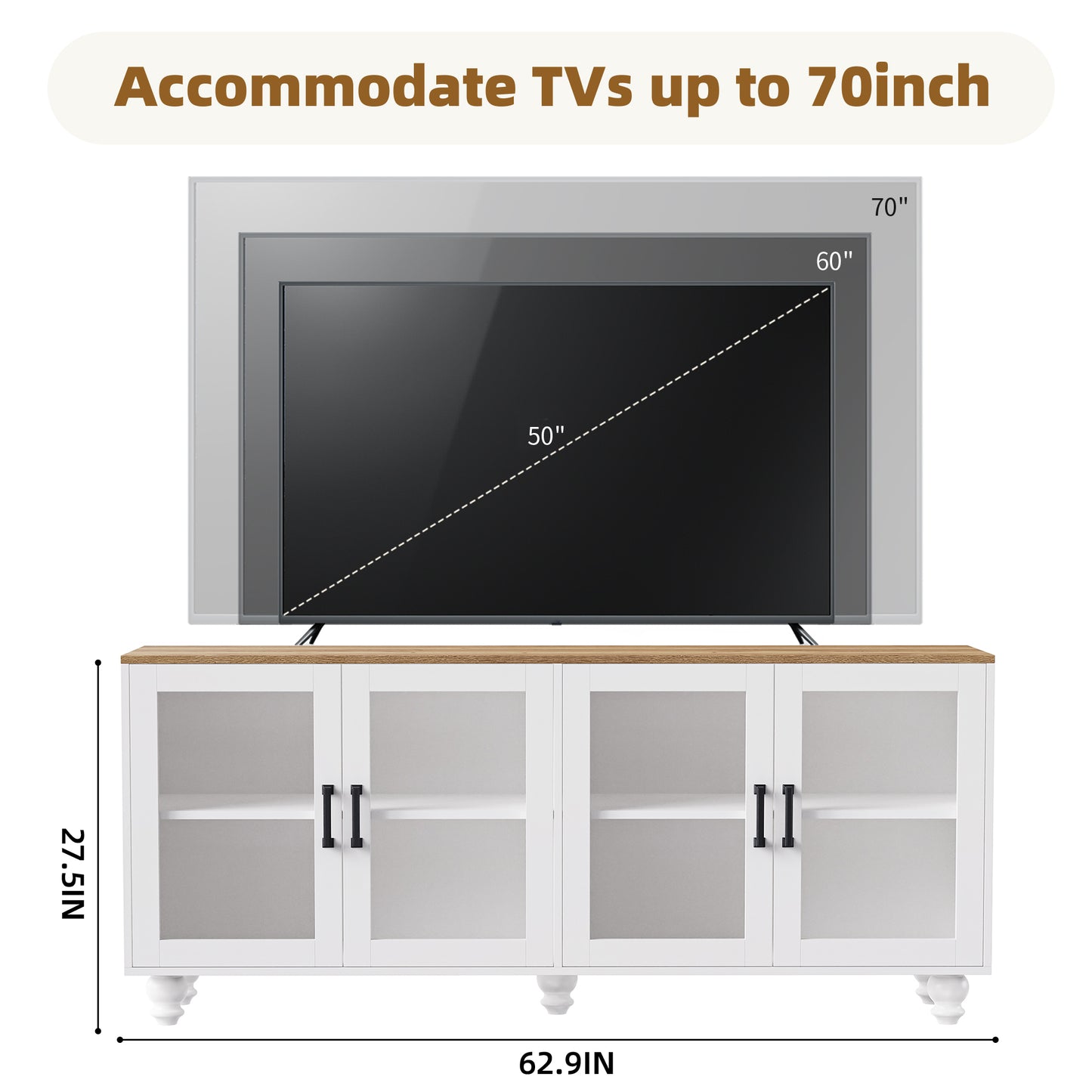 ON-TREND Farmhouse TV Stand with Solid Wood Gourd-Shaped Legs for TVs Up to 70", Entertainment Center with Bookshelves & Tempered Glass Doors, Media Console with Adjustable Shelves, Living Room, White