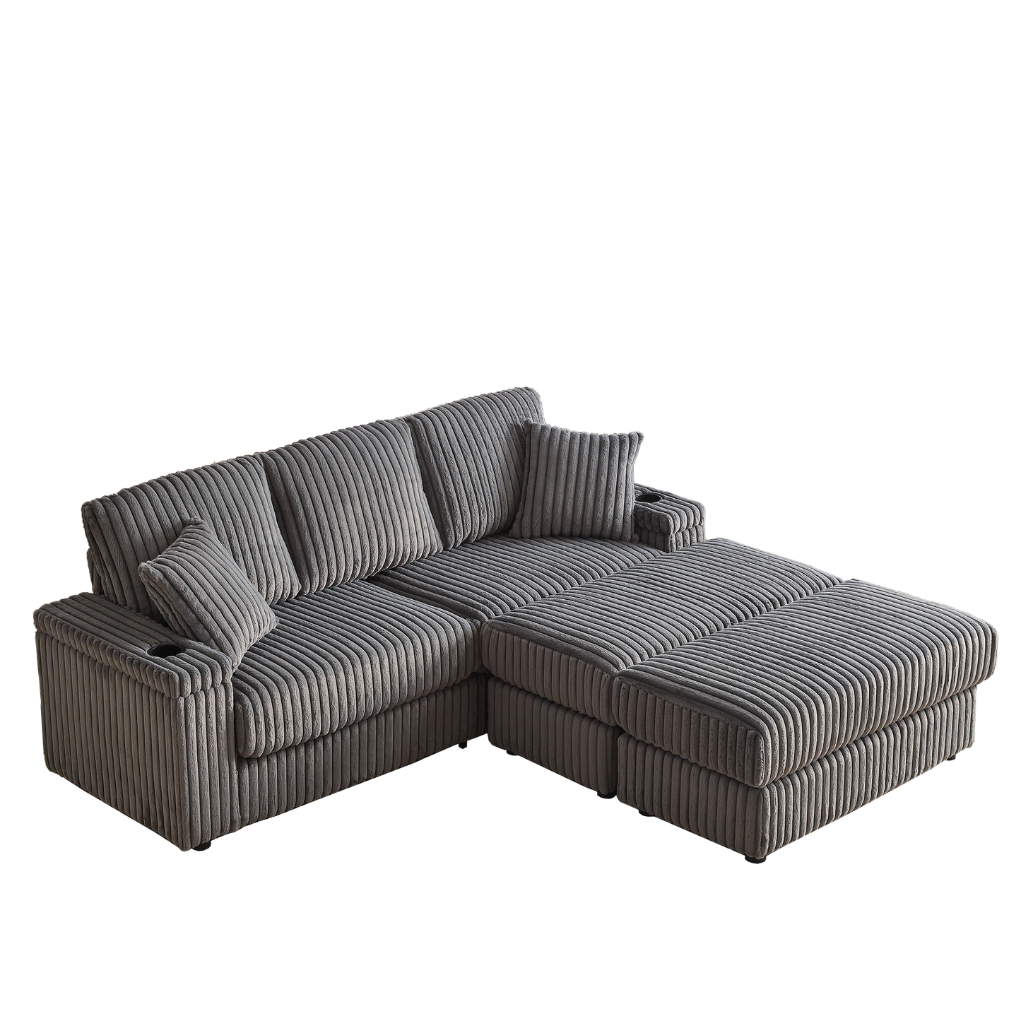 Corduroy 3-Seater Gray Sofa with Ottoman, Storage, & Cup Holders