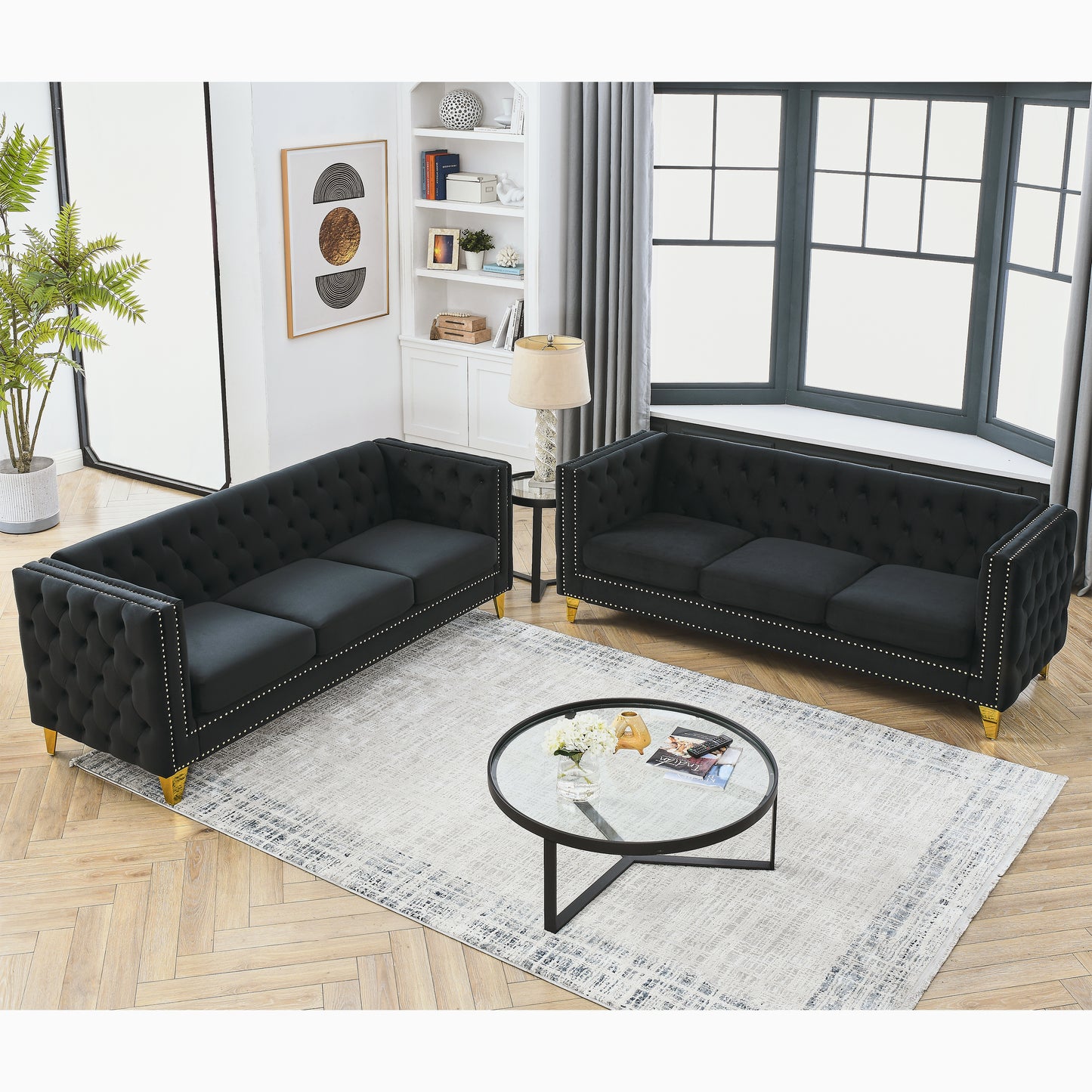 Velvet Tufted Square Arm Couch with Metal Legs - 2PCS