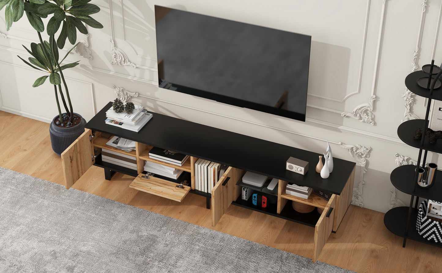 Modern TV Stand with 4 Cabinets & Open Shelves, for up to 80'' TV's